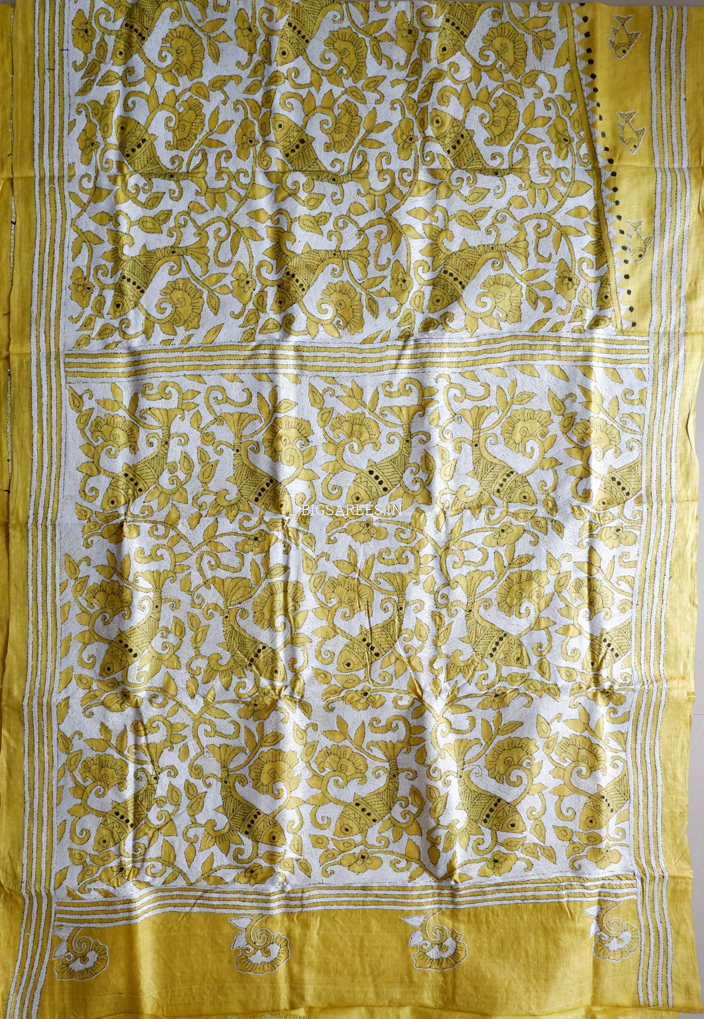 Reverse Kantha Hand-Embroidered Saree with Blouse Piece | Pure Tussar Silk | Silk Marked | Yellow