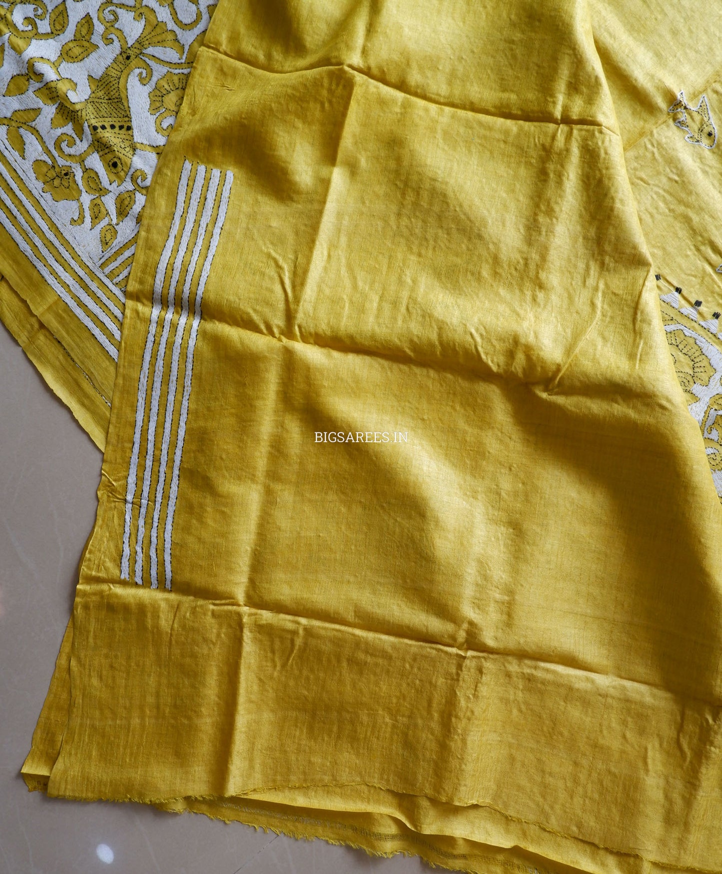 Reverse Kantha Hand-Embroidered Saree with Blouse Piece | Pure Tussar Silk | Silk Marked | Yellow