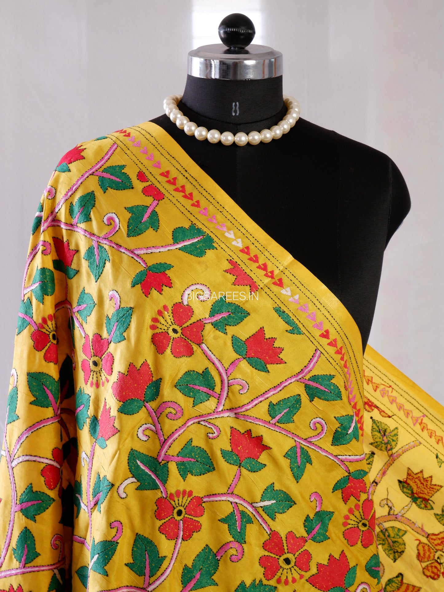 Kantha Hand-Embroidered Dupatta | Blended Bangalore Silk | Full Work | Yellow