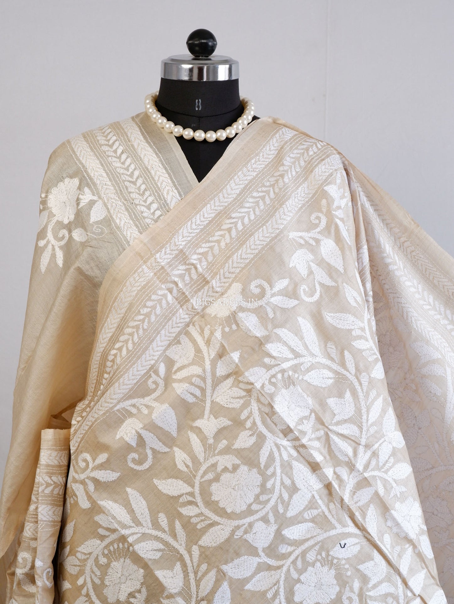 Reverse Kantha Hand-Embroidered Saree with Blouse Piece | Pure Tussar Silk | Silk Marked | Beige