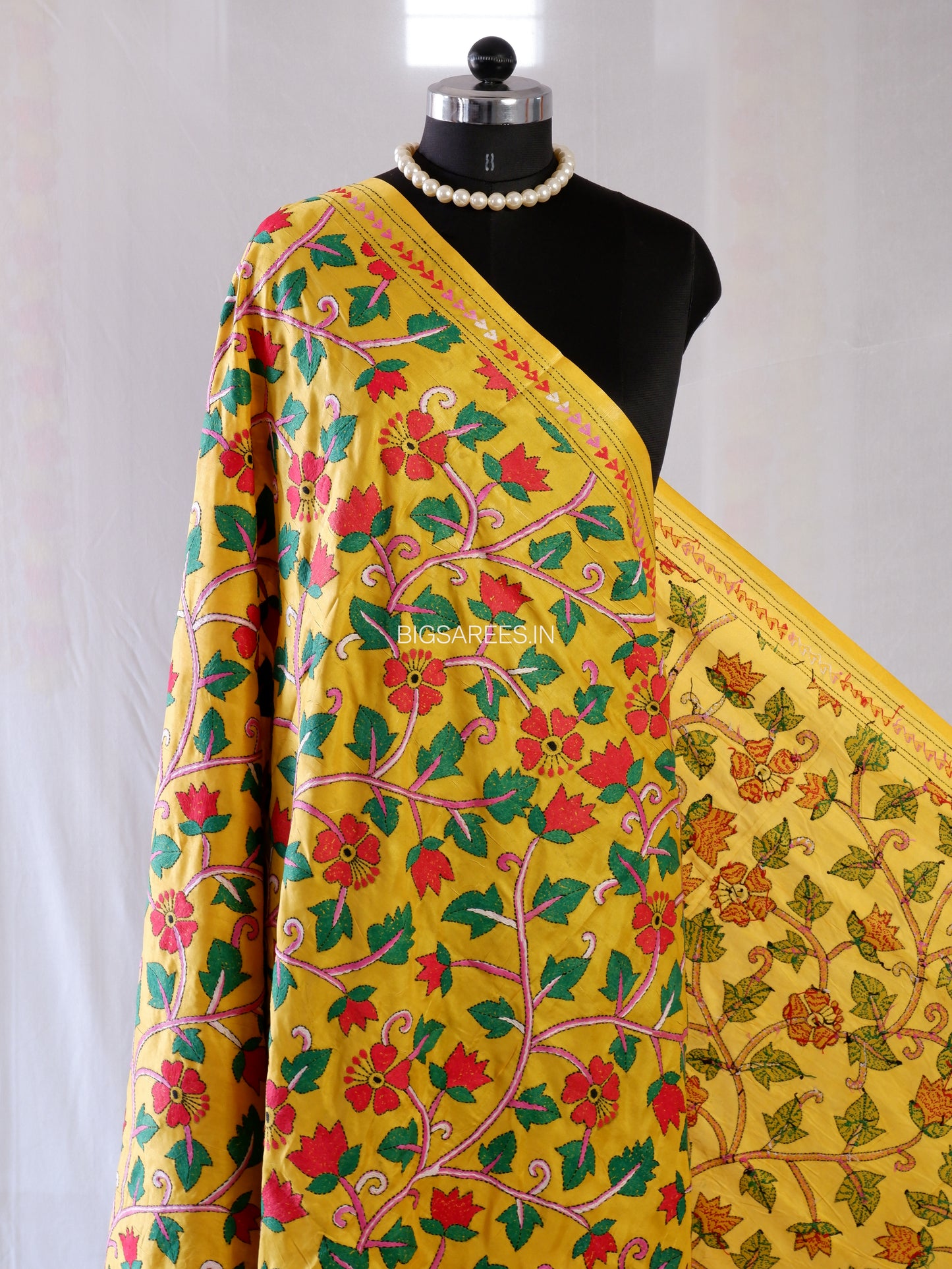 Kantha Hand-Embroidered Dupatta | Blended Bangalore Silk | Full Work | Yellow