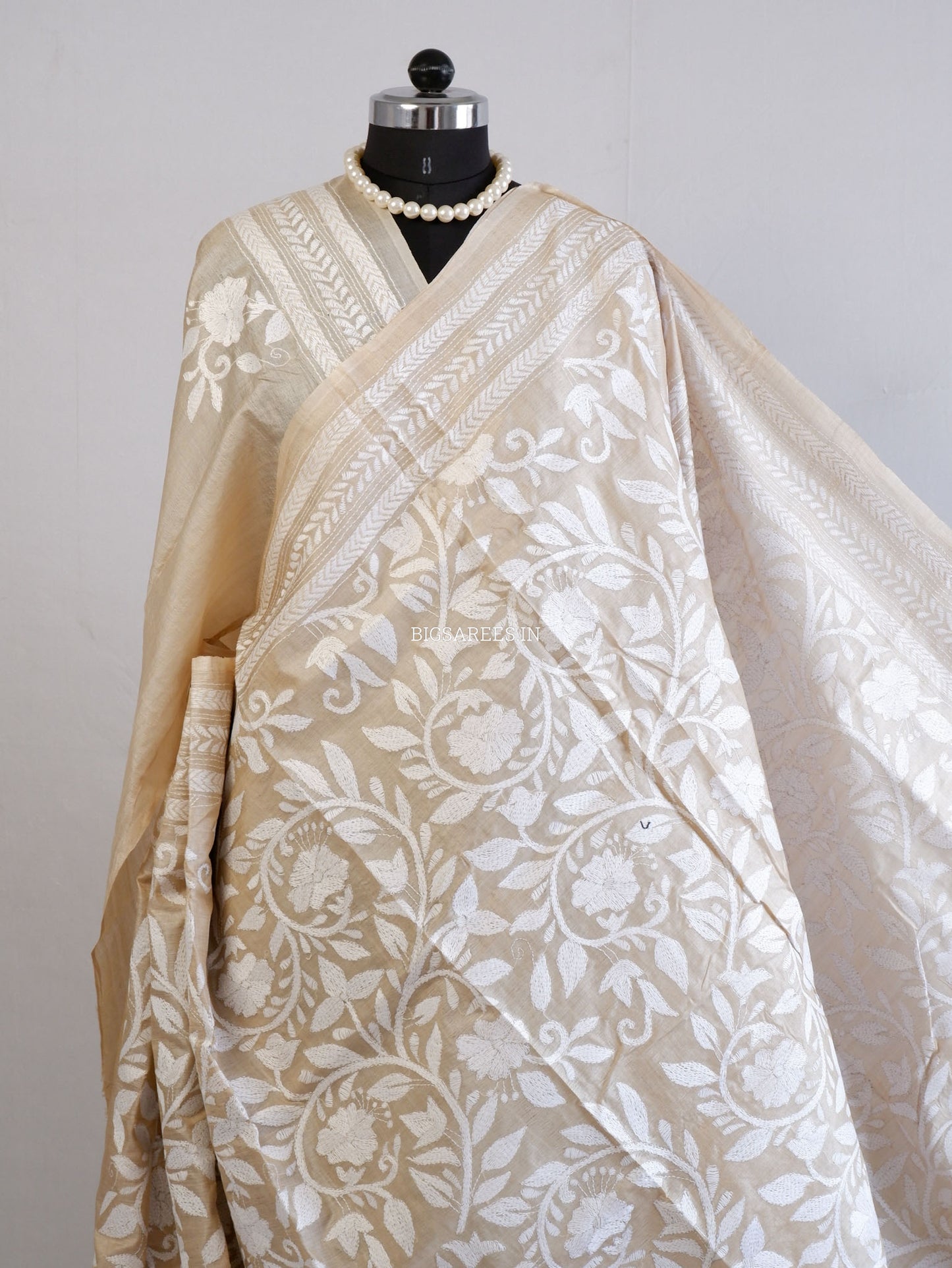 Reverse Kantha Hand-Embroidered Saree with Blouse Piece | Pure Tussar Silk | Silk Marked | Beige