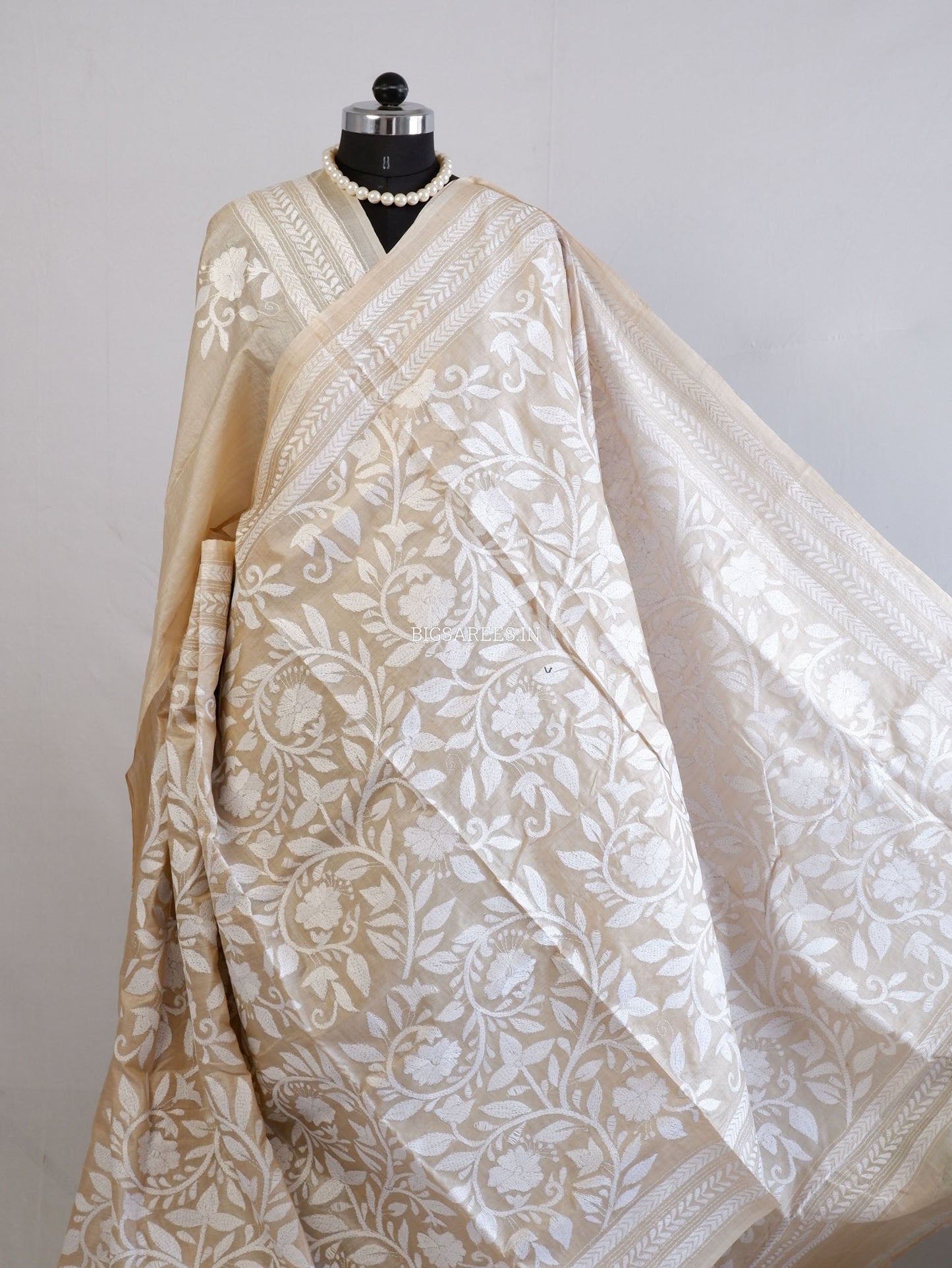 Reverse Kantha Hand-Embroidered Saree with Blouse Piece | Pure Tussar Silk | Silk Marked | Beige