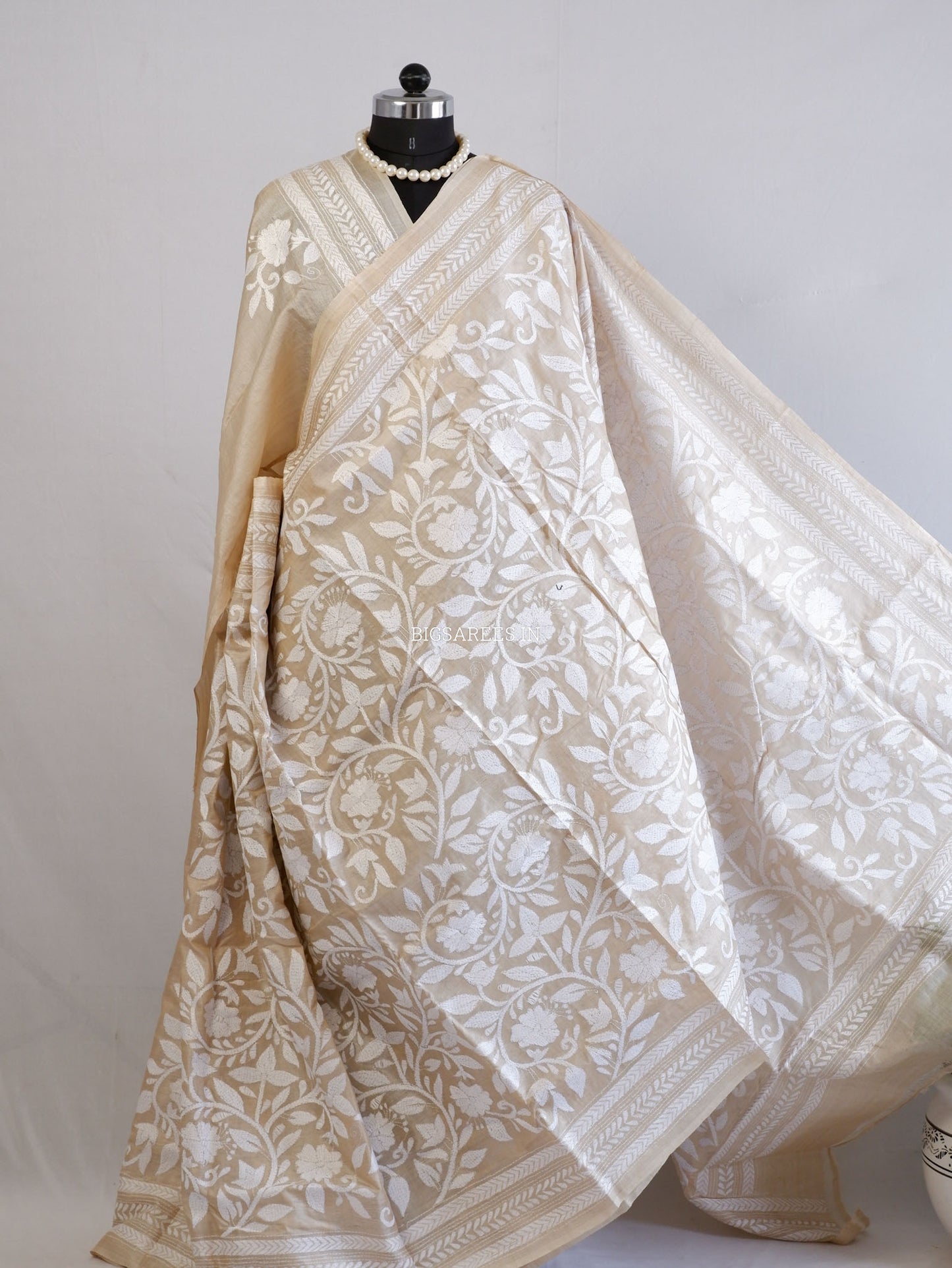 Reverse Kantha Hand-Embroidered Saree with Blouse Piece | Pure Tussar Silk | Silk Marked | Beige