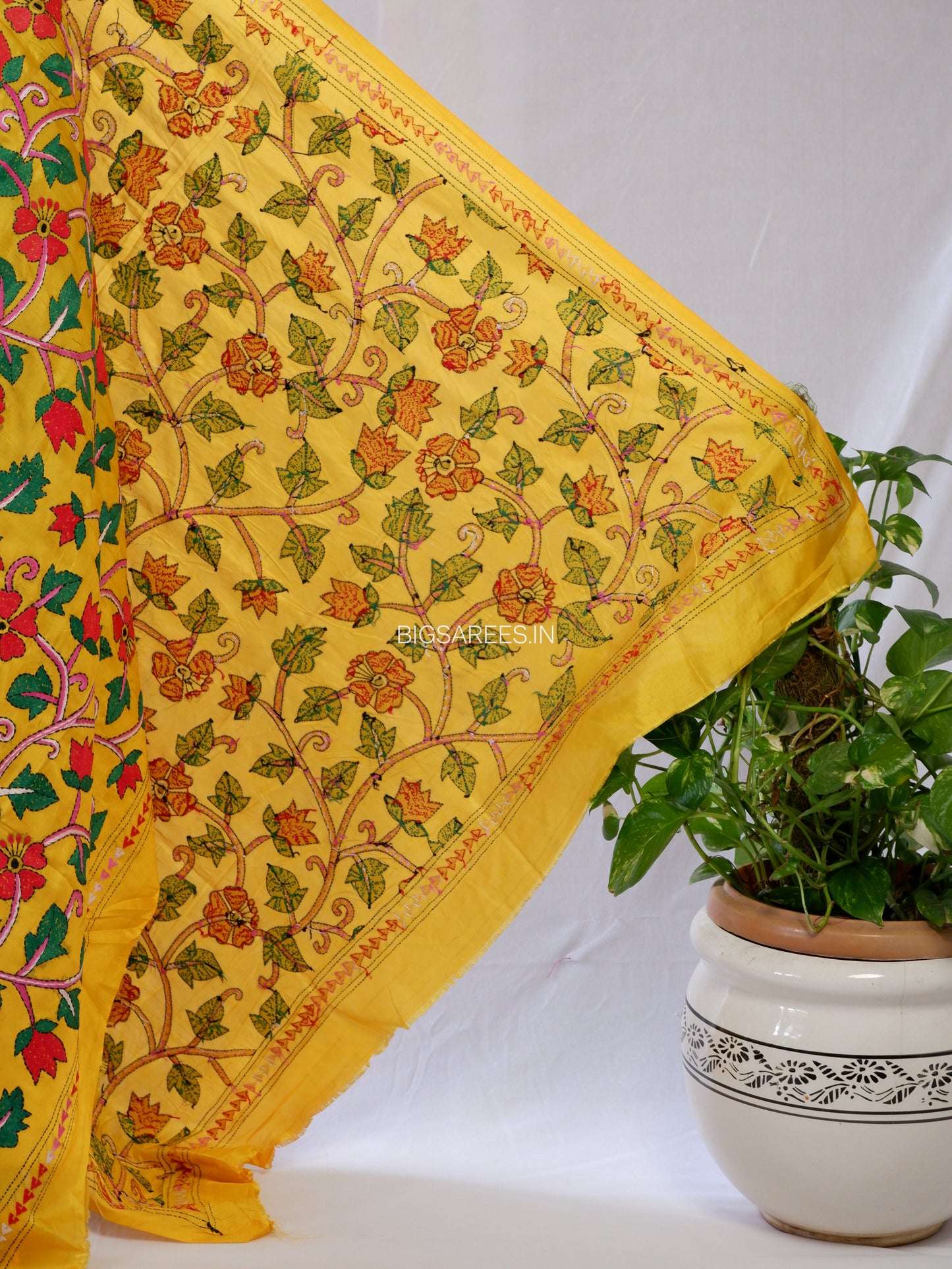 Kantha Hand-Embroidered Dupatta | Blended Bangalore Silk | Full Work | Yellow