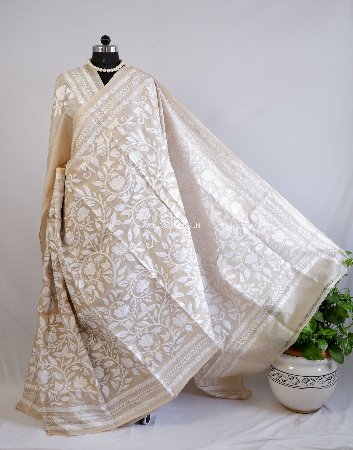 Reverse Kantha Hand-Embroidered Saree with Blouse Piece | Pure Tussar Silk | Silk Marked | Beige
