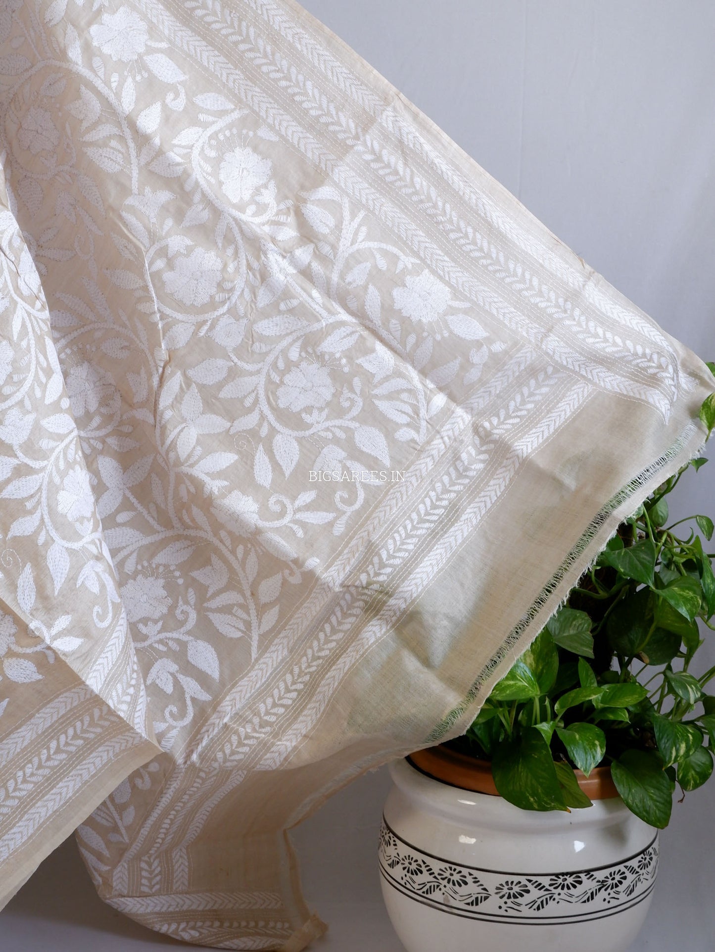 Reverse Kantha Hand-Embroidered Saree with Blouse Piece | Pure Tussar Silk | Silk Marked | Beige