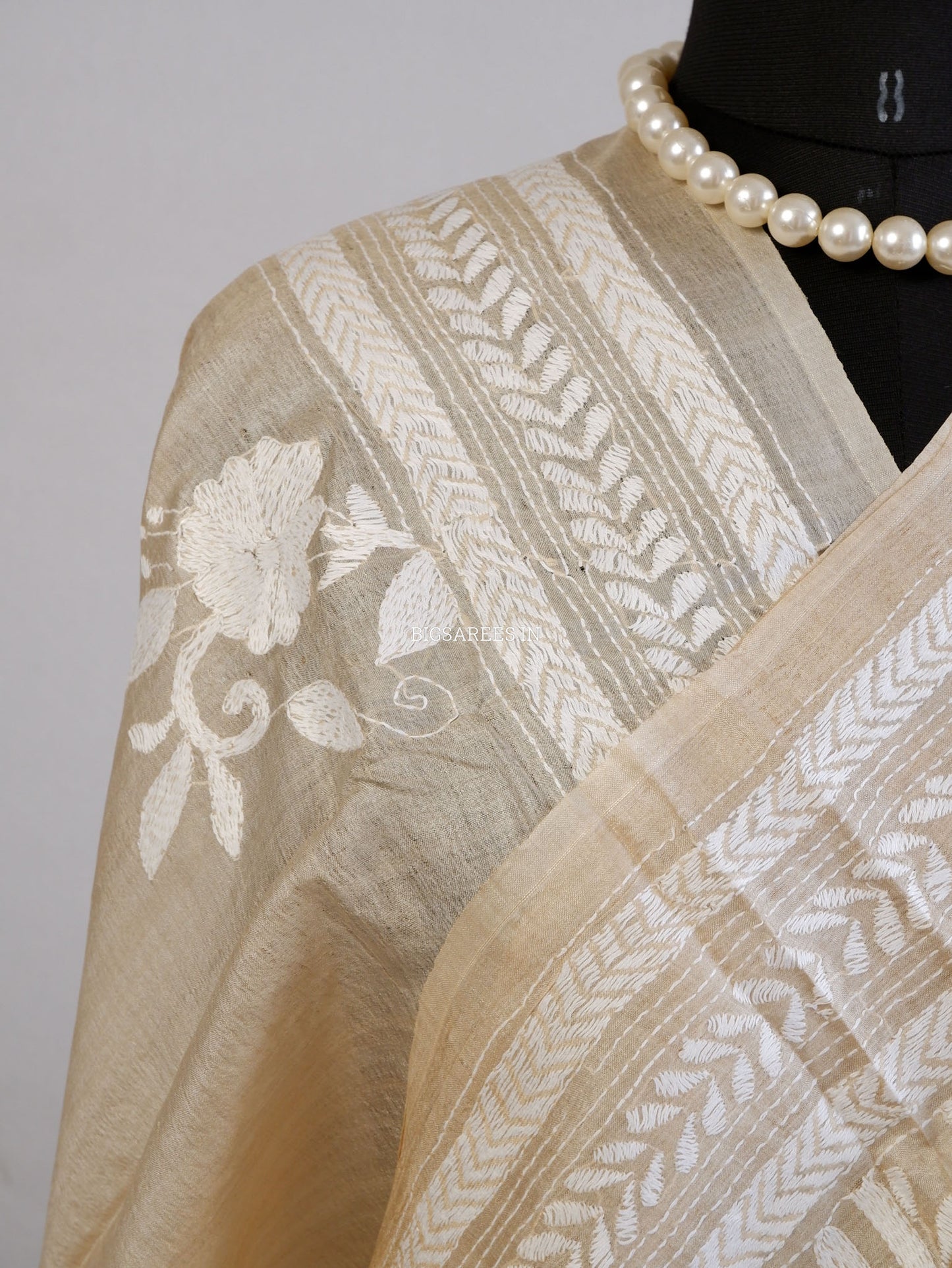 Reverse Kantha Hand-Embroidered Saree with Blouse Piece | Pure Tussar Silk | Silk Marked | Beige