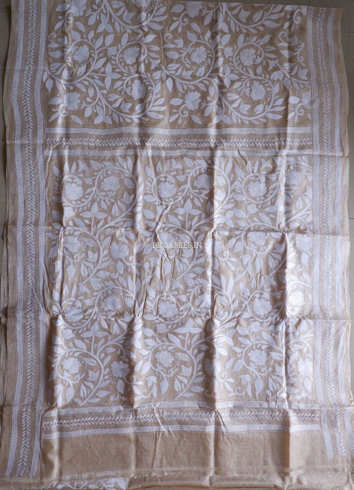Reverse Kantha Hand-Embroidered Saree with Blouse Piece | Pure Tussar Silk | Silk Marked | Beige