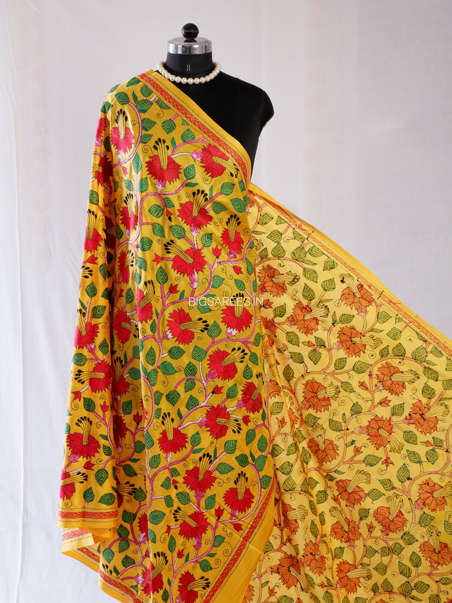 Kantha Hand-Embroidered Dupatta | Blended Bangalore Silk | Full Work | Yellow
