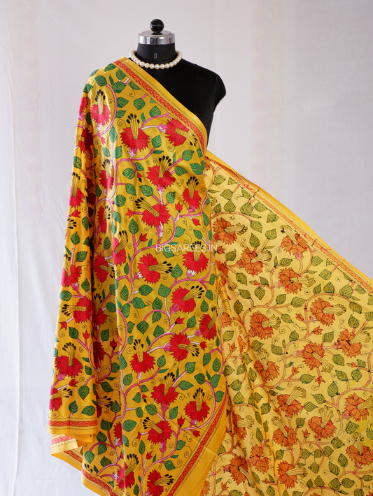Kantha Hand-Embroidered Dupatta | Blended Bangalore Silk | Full Work | Yellow