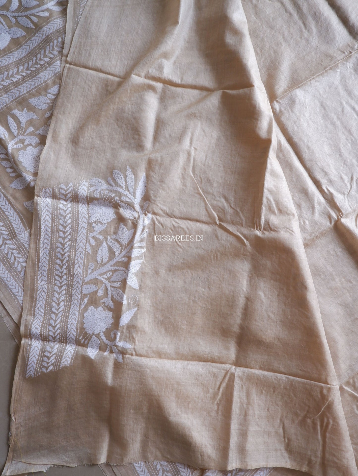Reverse Kantha Hand-Embroidered Saree with Blouse Piece | Pure Tussar Silk | Silk Marked | Beige