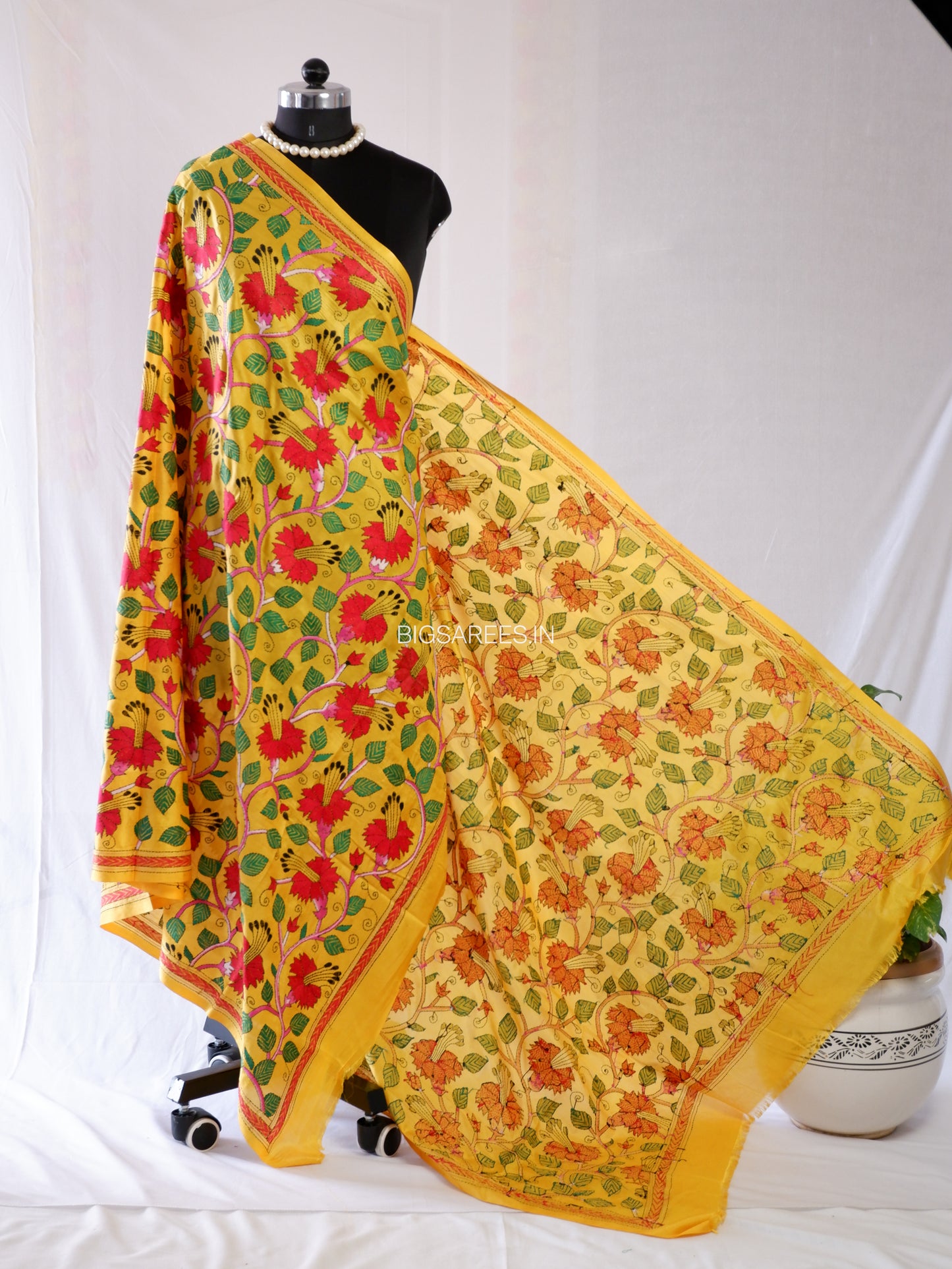 Kantha Hand-Embroidered Dupatta | Blended Bangalore Silk | Full Work | Yellow