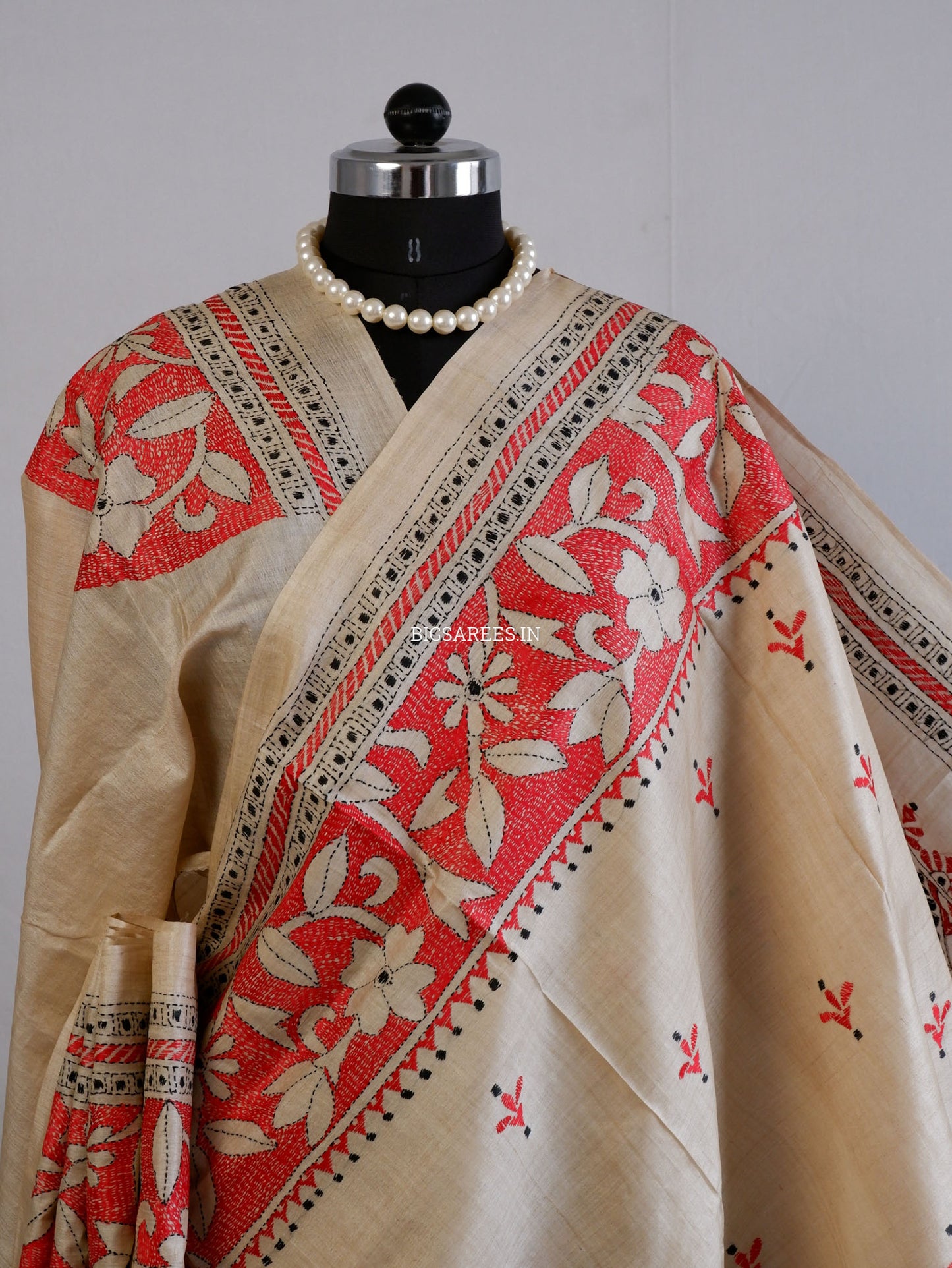 Reverse Kantha Hand-Embroidered Saree with Blouse Piece | Pure Tussar Silk | Silk Marked |