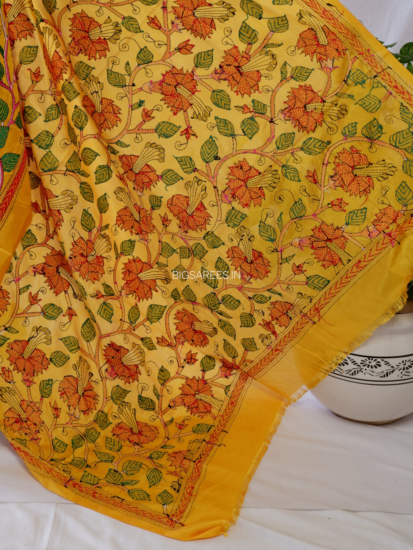Kantha Hand-Embroidered Dupatta | Blended Bangalore Silk | Full Work | Yellow