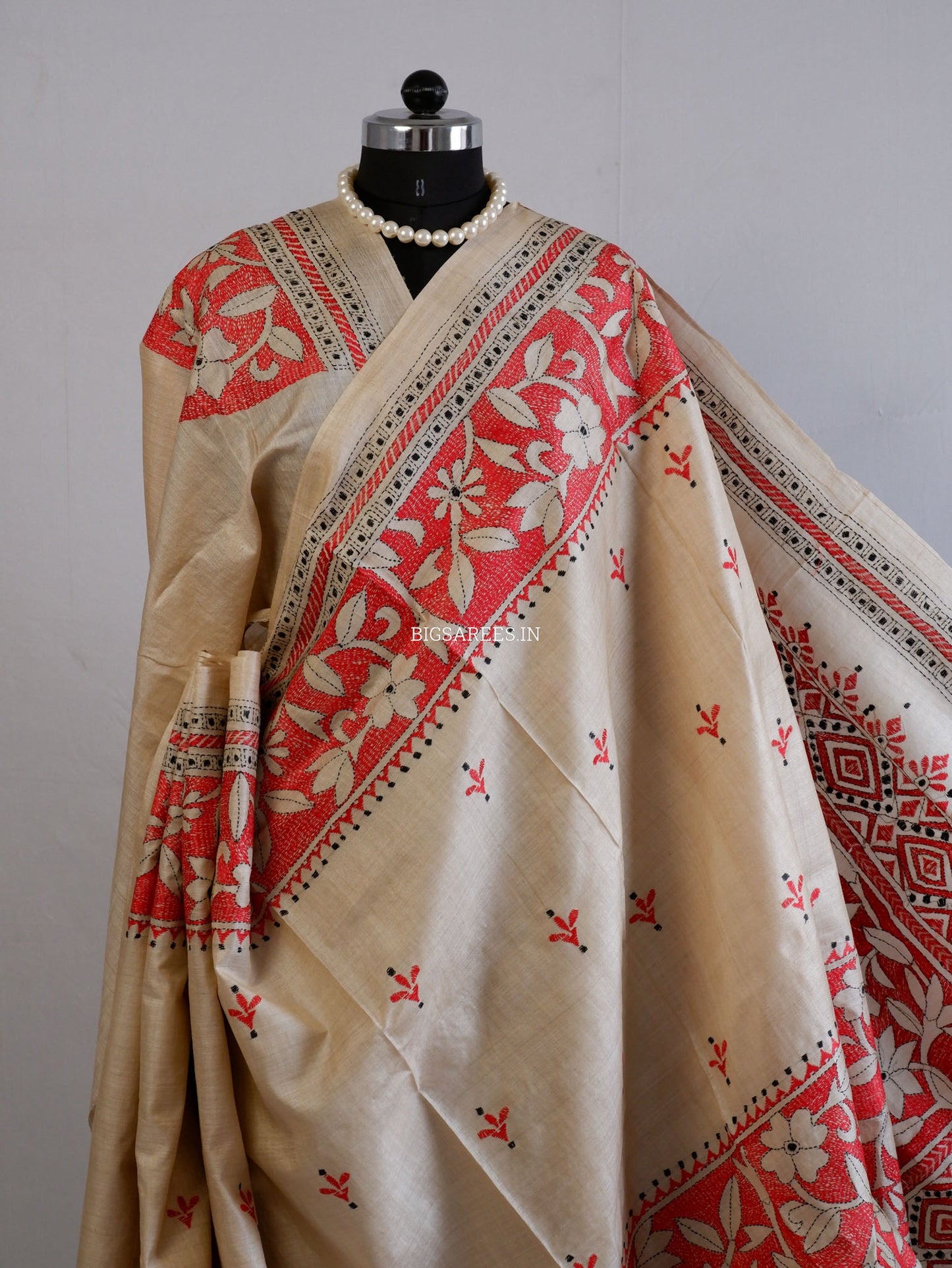 Reverse Kantha Hand-Embroidered Saree with Blouse Piece | Pure Tussar Silk | Silk Marked |