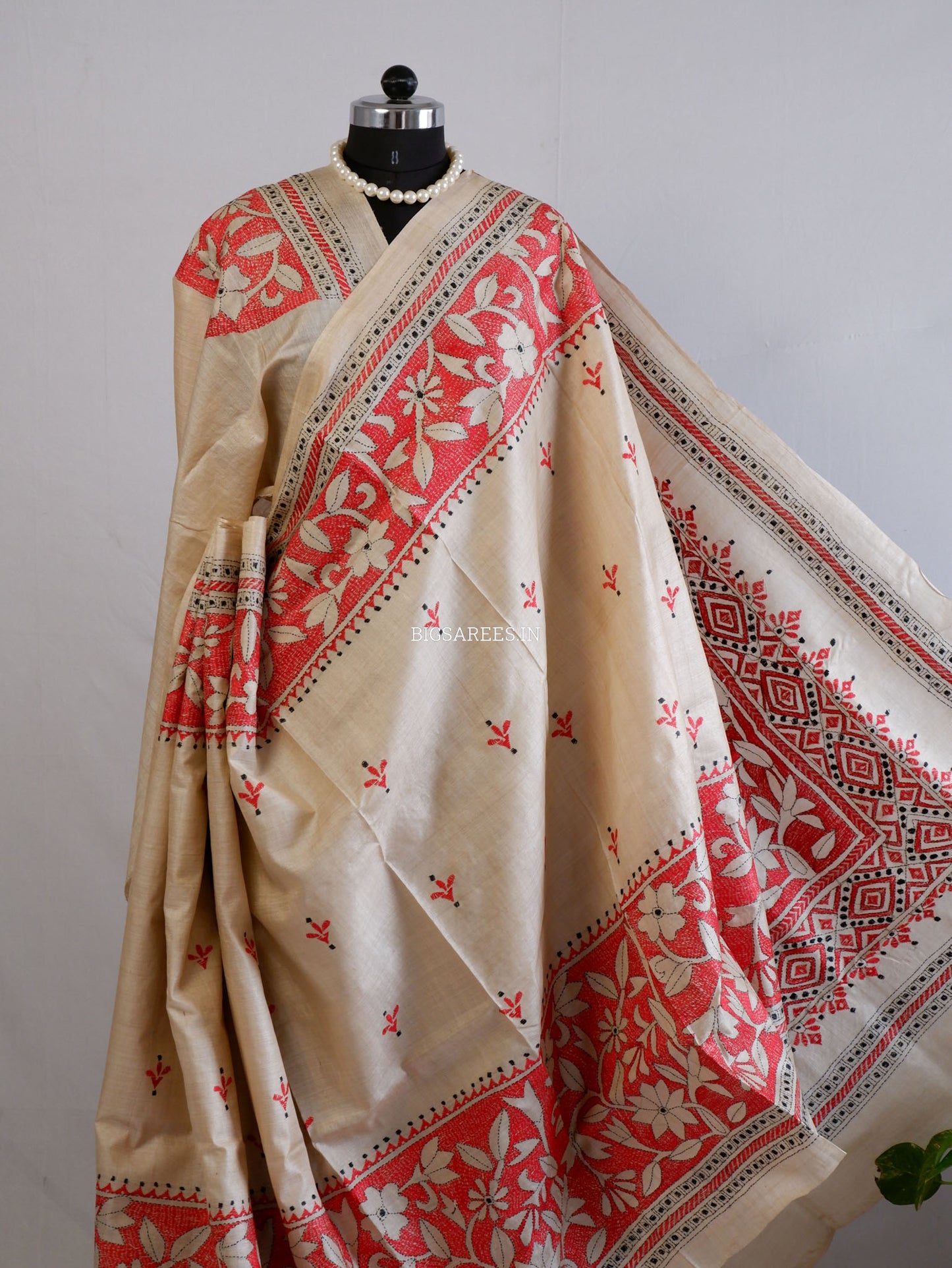 Reverse Kantha Hand-Embroidered Saree with Blouse Piece | Pure Tussar Silk | Silk Marked |