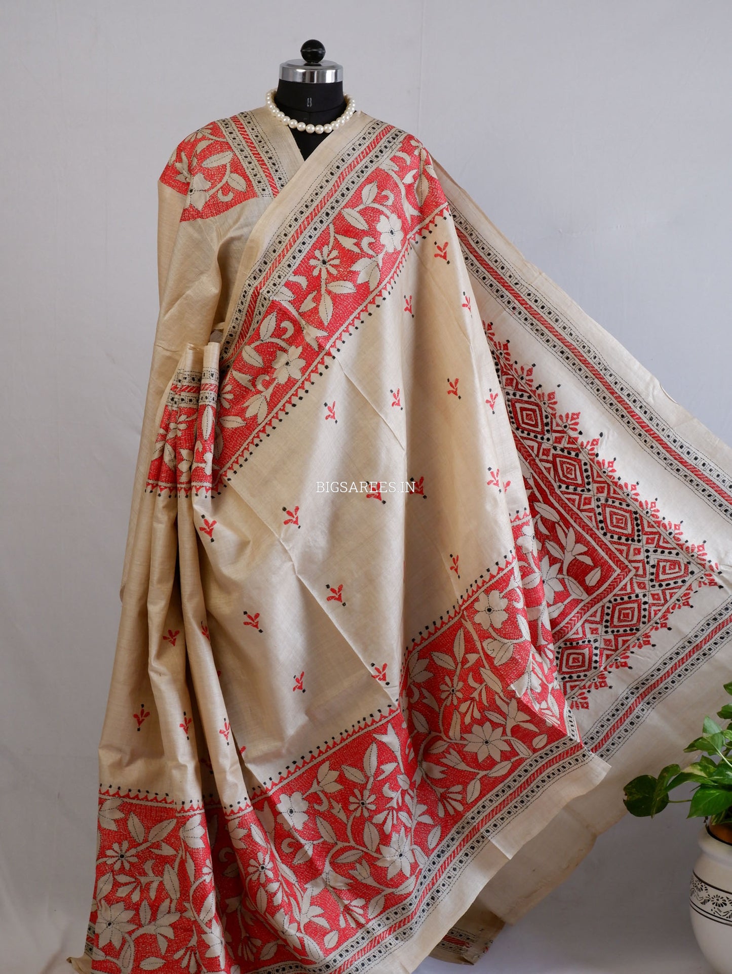 Reverse Kantha Hand-Embroidered Saree with Blouse Piece | Pure Tussar Silk | Silk Marked |