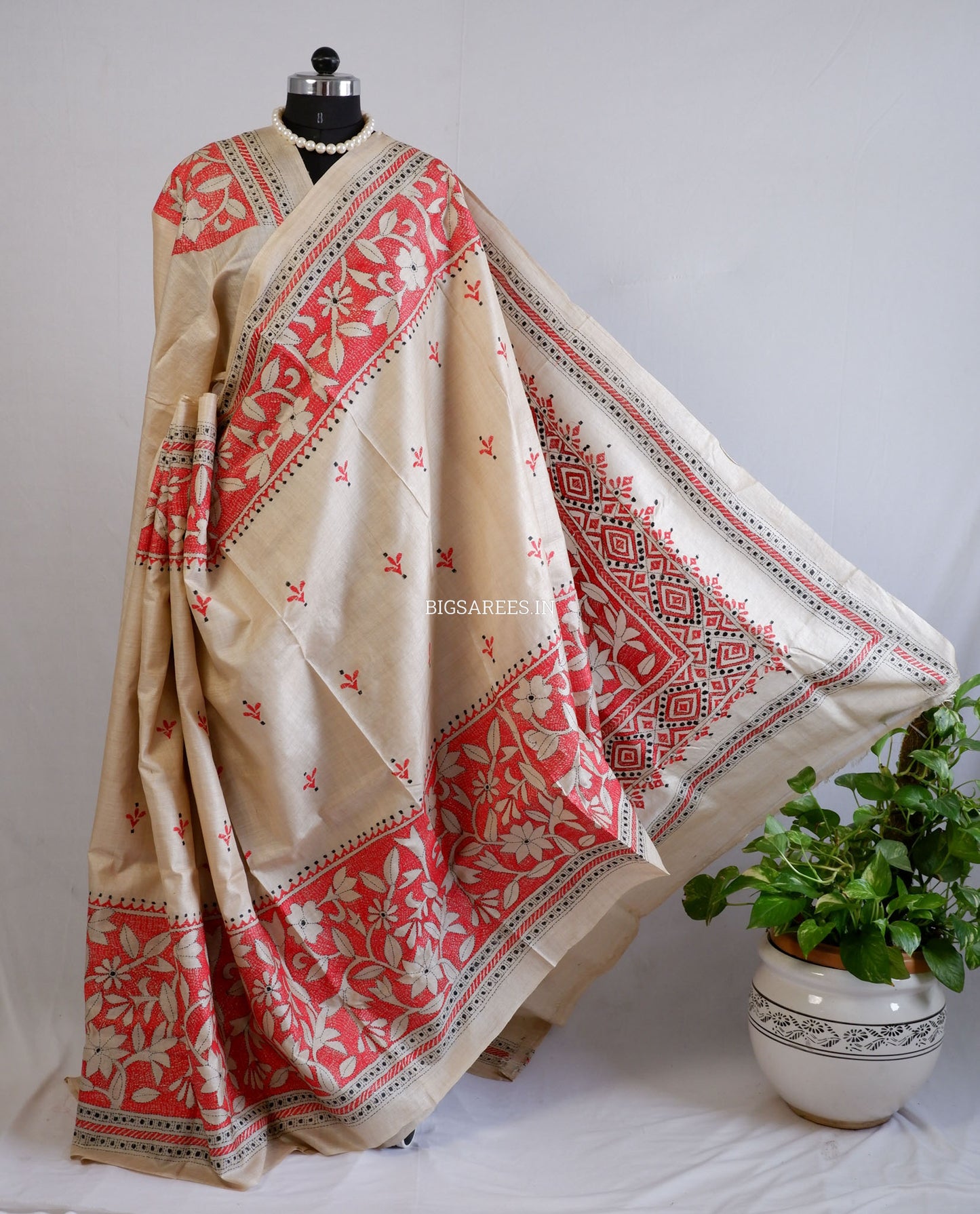 Reverse Kantha Hand-Embroidered Saree with Blouse Piece | Pure Tussar Silk | Silk Marked |