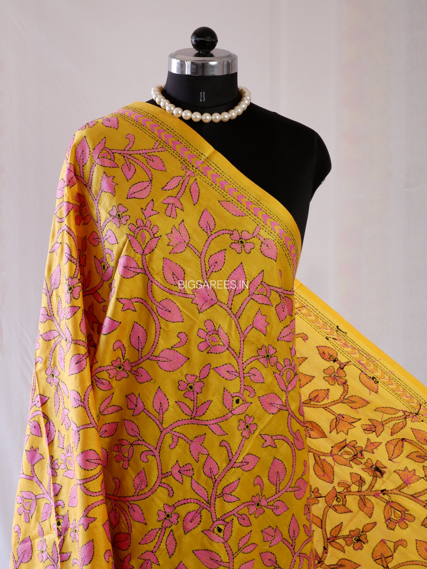 Kantha Hand-Embroidered Dupatta | Blended Bangalore Silk | Full Work | Yellow