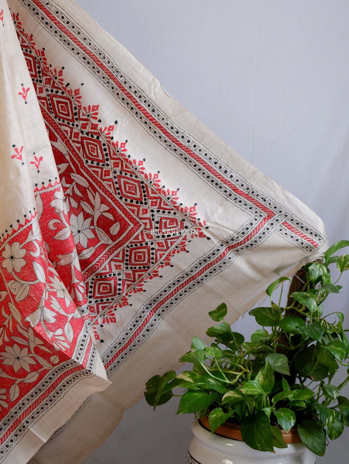 Reverse Kantha Hand-Embroidered Saree with Blouse Piece | Pure Tussar Silk | Silk Marked |