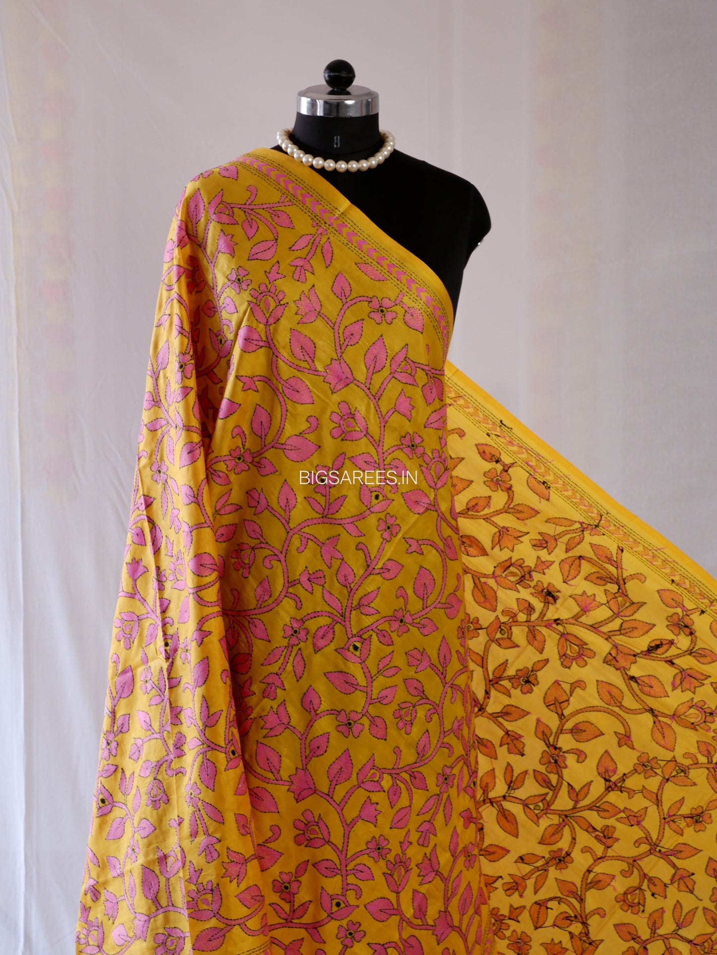 Kantha Hand-Embroidered Dupatta | Blended Bangalore Silk | Full Work | Yellow