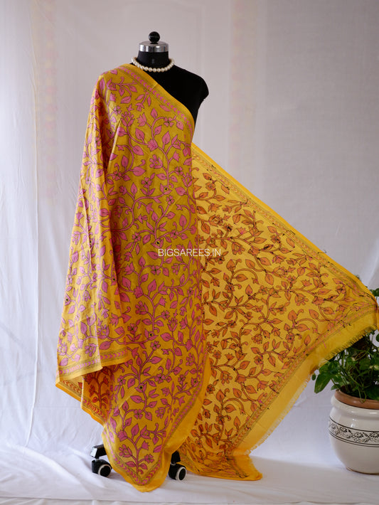 Kantha Hand-Embroidered Dupatta | Blended Bangalore Silk | Full Work | Yellow