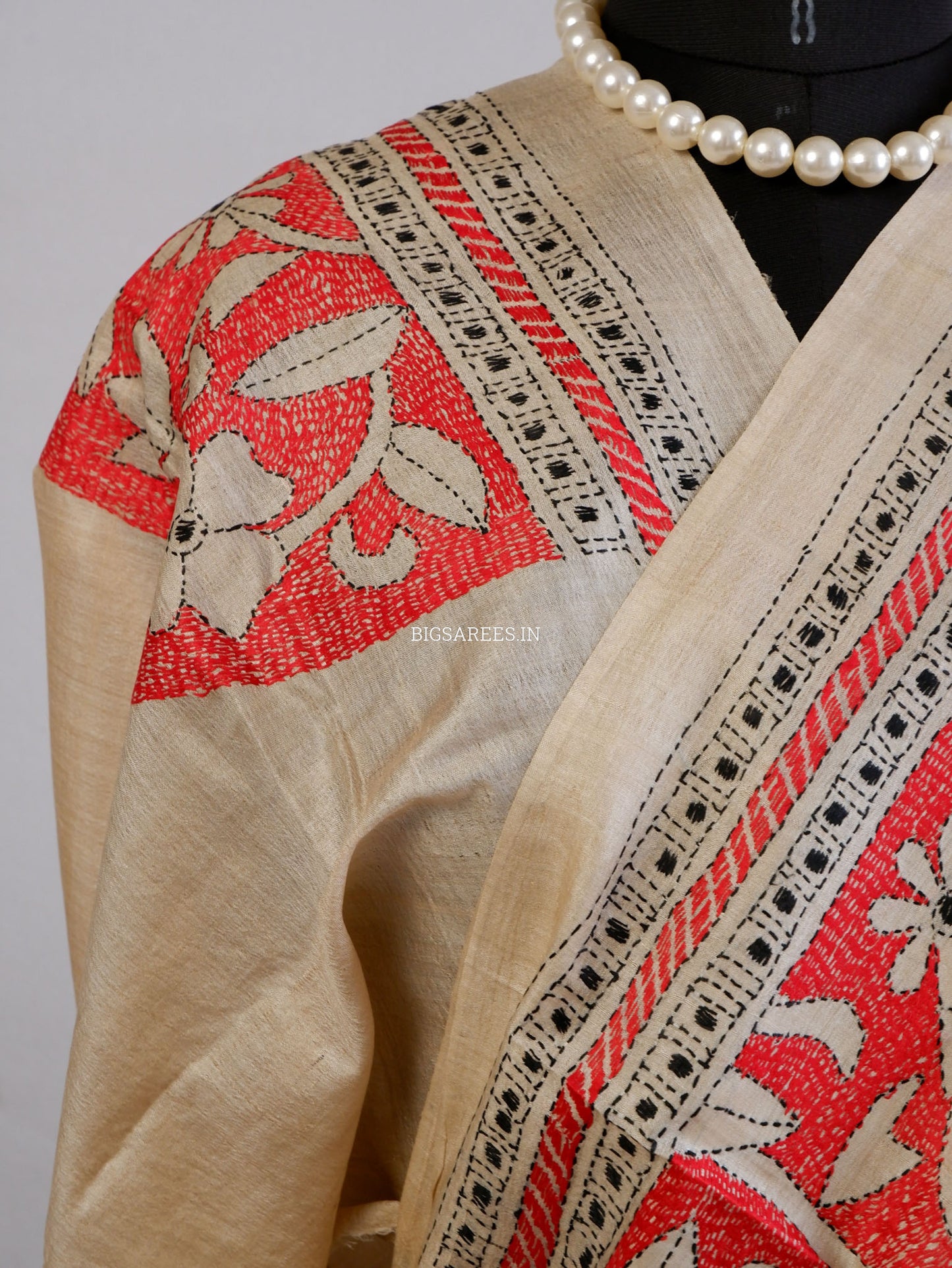 Reverse Kantha Hand-Embroidered Saree with Blouse Piece | Pure Tussar Silk | Silk Marked |