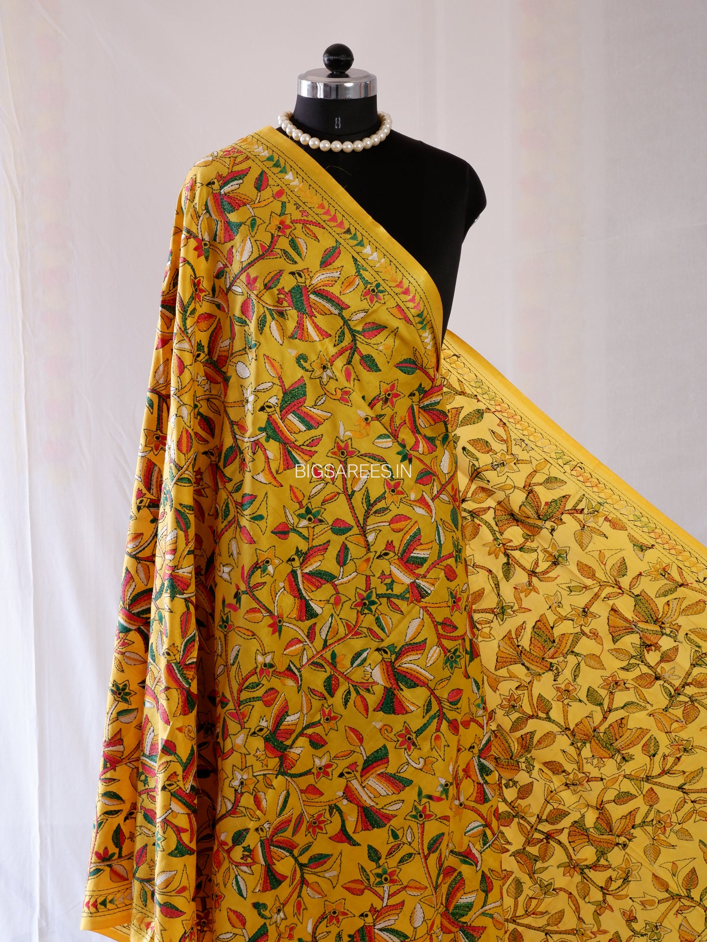 Kantha Hand-Embroidered Dupatta | Blended Bangalore Silk | Full Work | Yellow