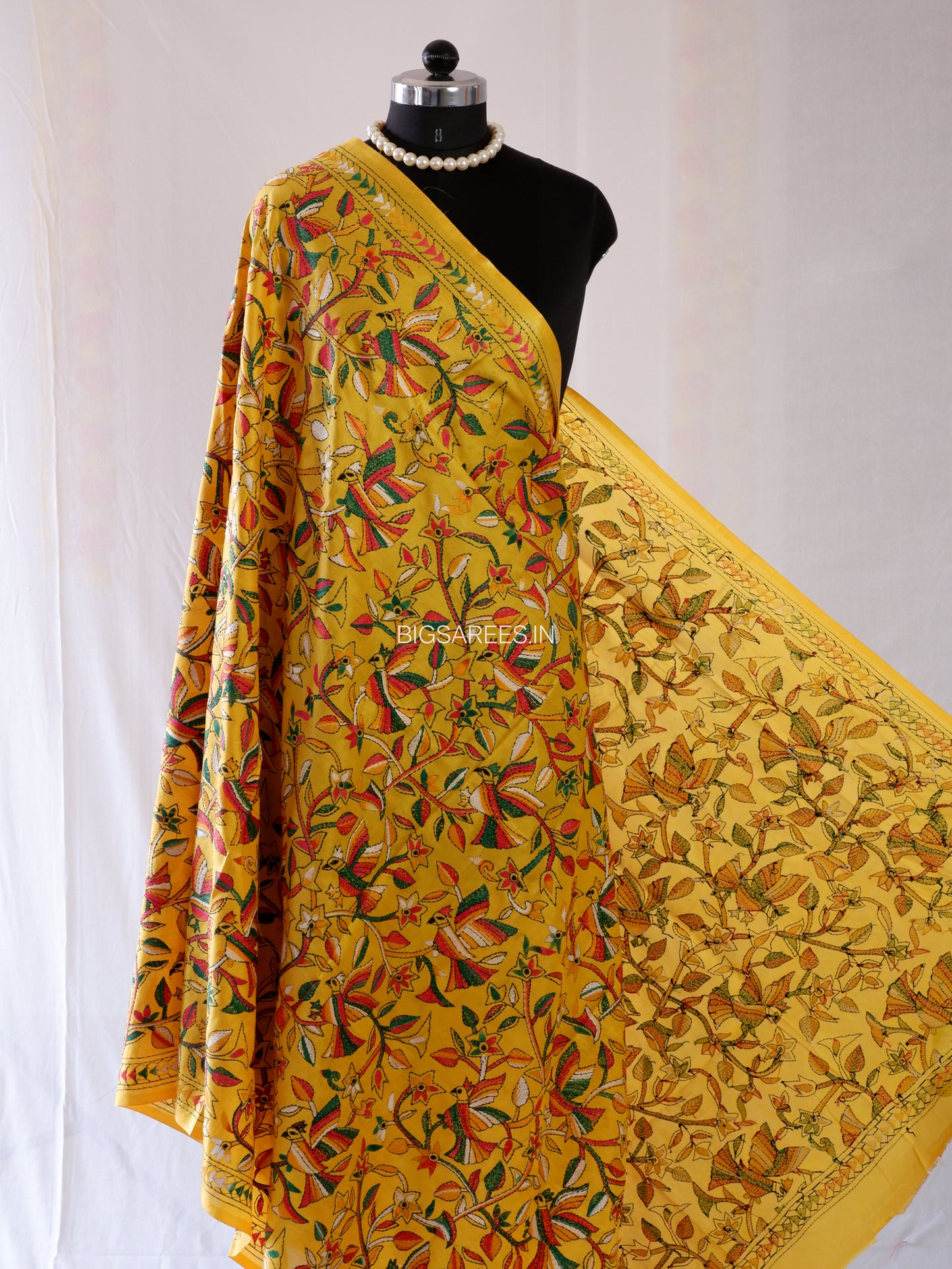 Kantha Hand-Embroidered Dupatta | Blended Bangalore Silk | Full Work | Yellow