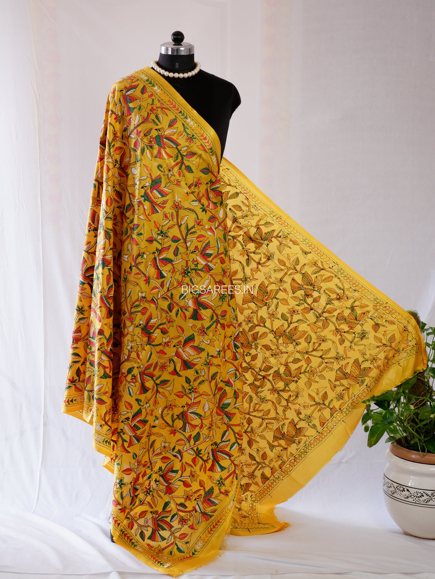 Kantha Hand-Embroidered Dupatta | Blended Bangalore Silk | Full Work | Yellow