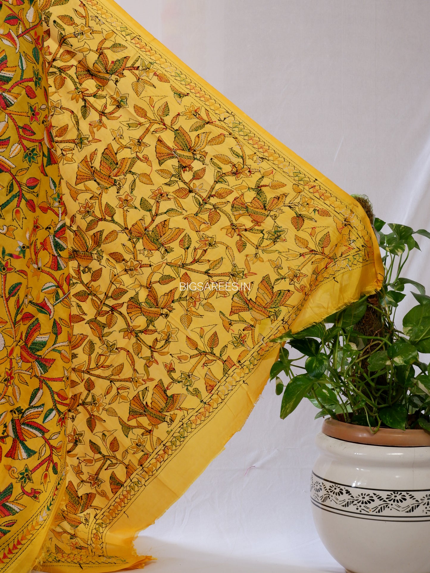 Kantha Hand-Embroidered Dupatta | Blended Bangalore Silk | Full Work | Yellow