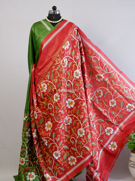 Reverse Kantha Hand-Embroidered Saree with Blouse Piece | Pure Tussar Silk | Silk Marked | Yellow