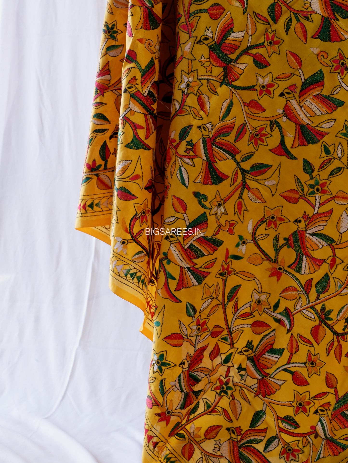 Kantha Hand-Embroidered Dupatta | Blended Bangalore Silk | Full Work | Yellow