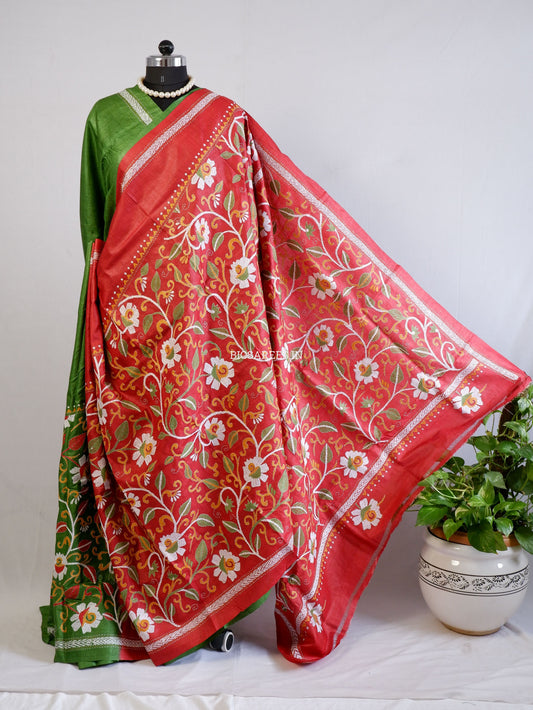 Kantha Hand-Embroidered Saree with Blouse Piece | Pure Tussar Silk | Silk Marked | Red