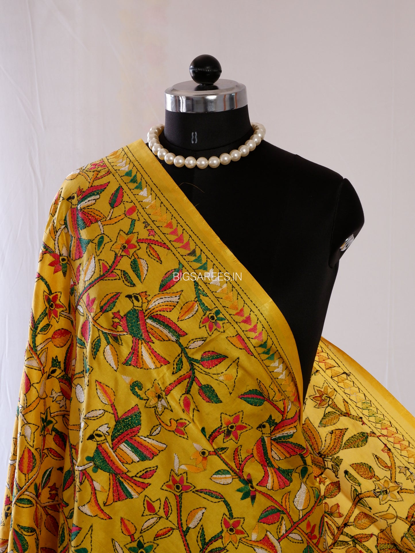 Kantha Hand-Embroidered Dupatta | Blended Bangalore Silk | Full Work | Yellow