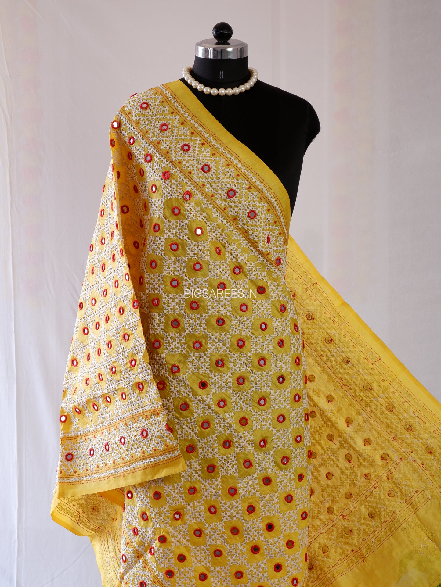 Kutchi Work Hand-Embroidered Dupatta | Pure Tussar Silk | Mirror Work | Yellow