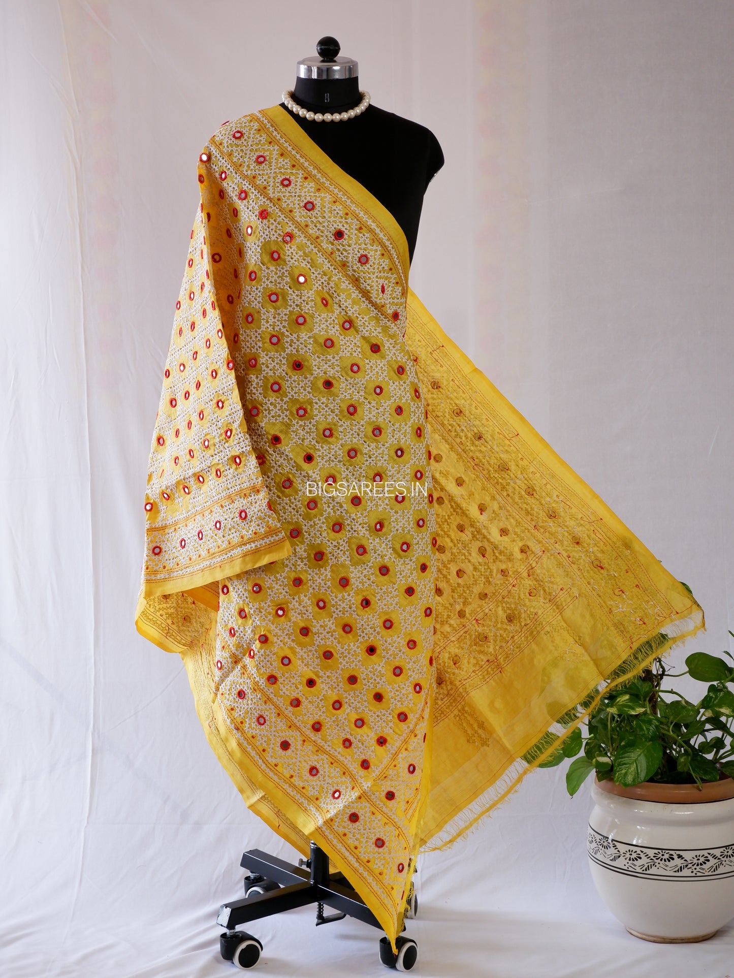 Kutchi Work Hand-Embroidered Dupatta | Pure Tussar Silk | Mirror Work | Yellow