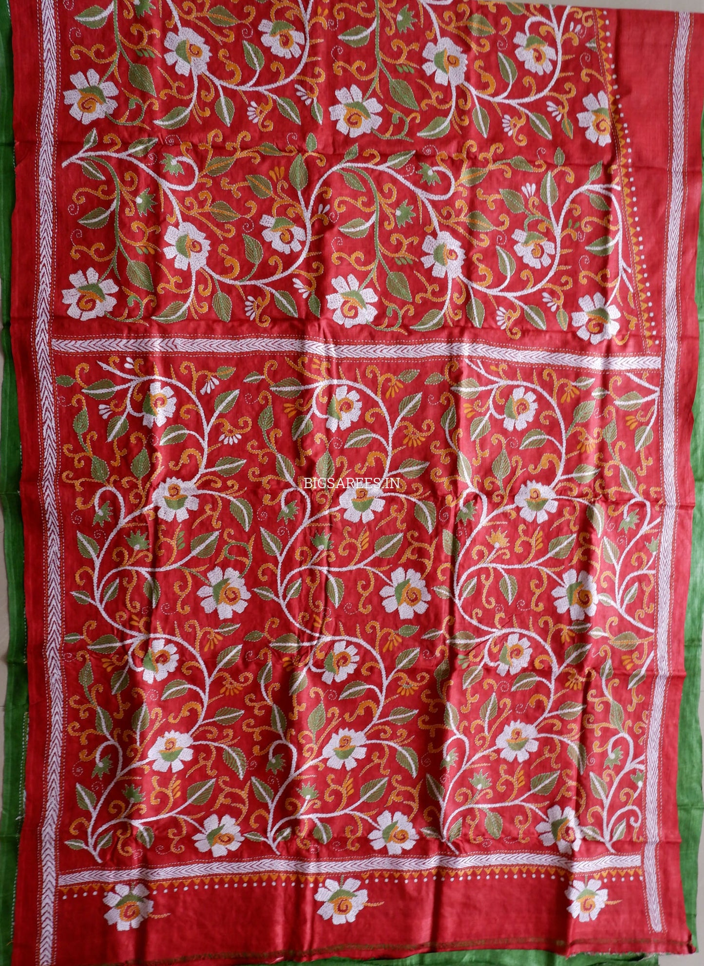 Reverse Kantha Hand-Embroidered Saree with Blouse Piece | Pure Tussar Silk | Silk Marked | Yellow