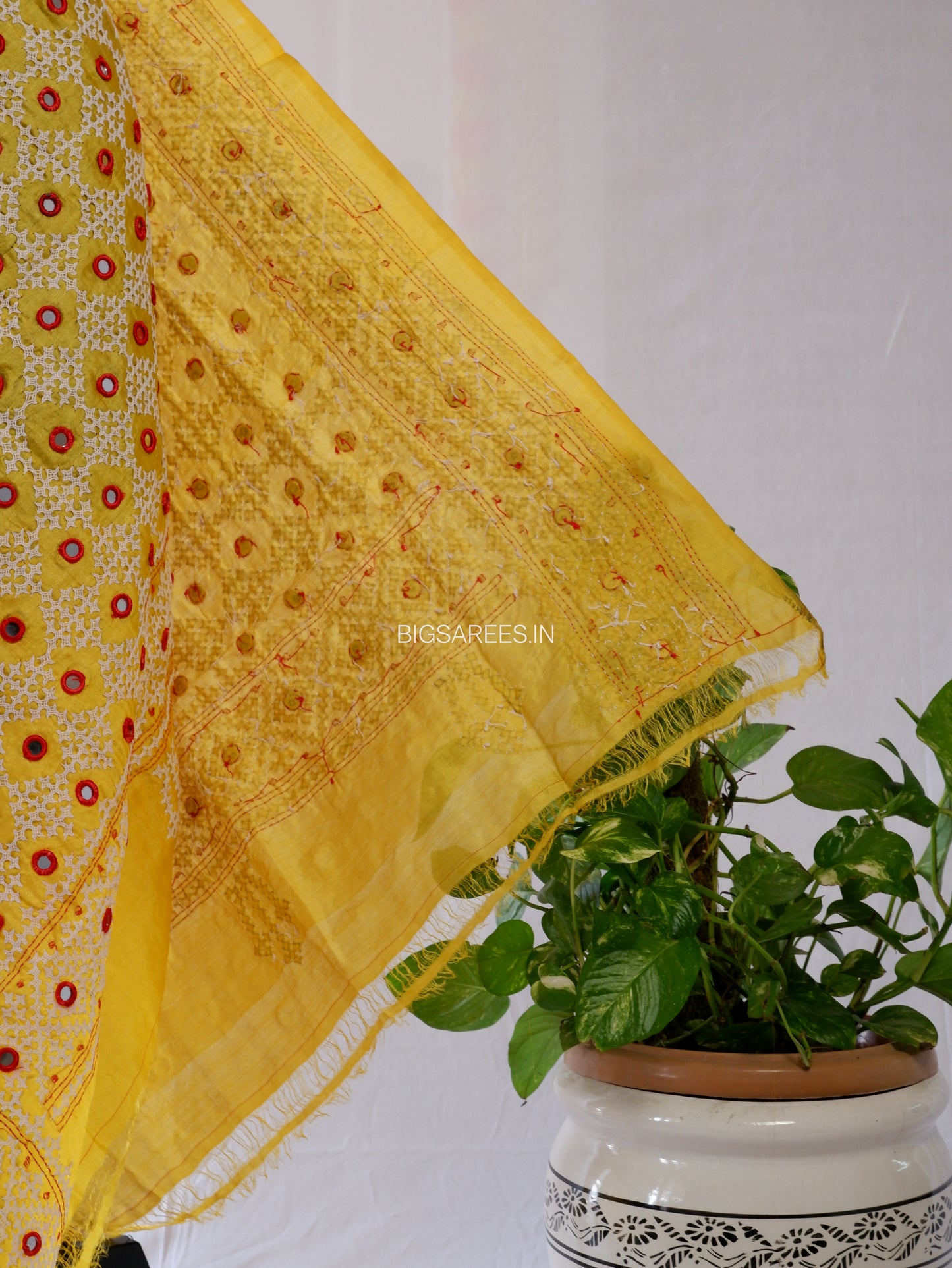 Kutchi Work Hand-Embroidered Dupatta | Pure Tussar Silk | Mirror Work | Yellow