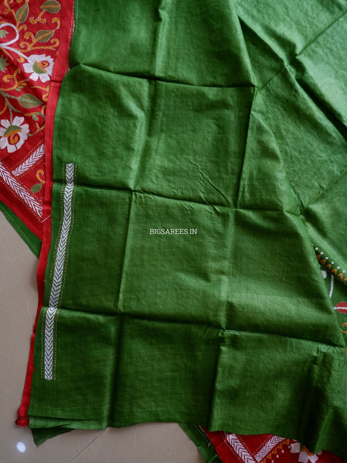 Reverse Kantha Hand-Embroidered Saree with Blouse Piece | Pure Tussar Silk | Silk Marked | Yellow