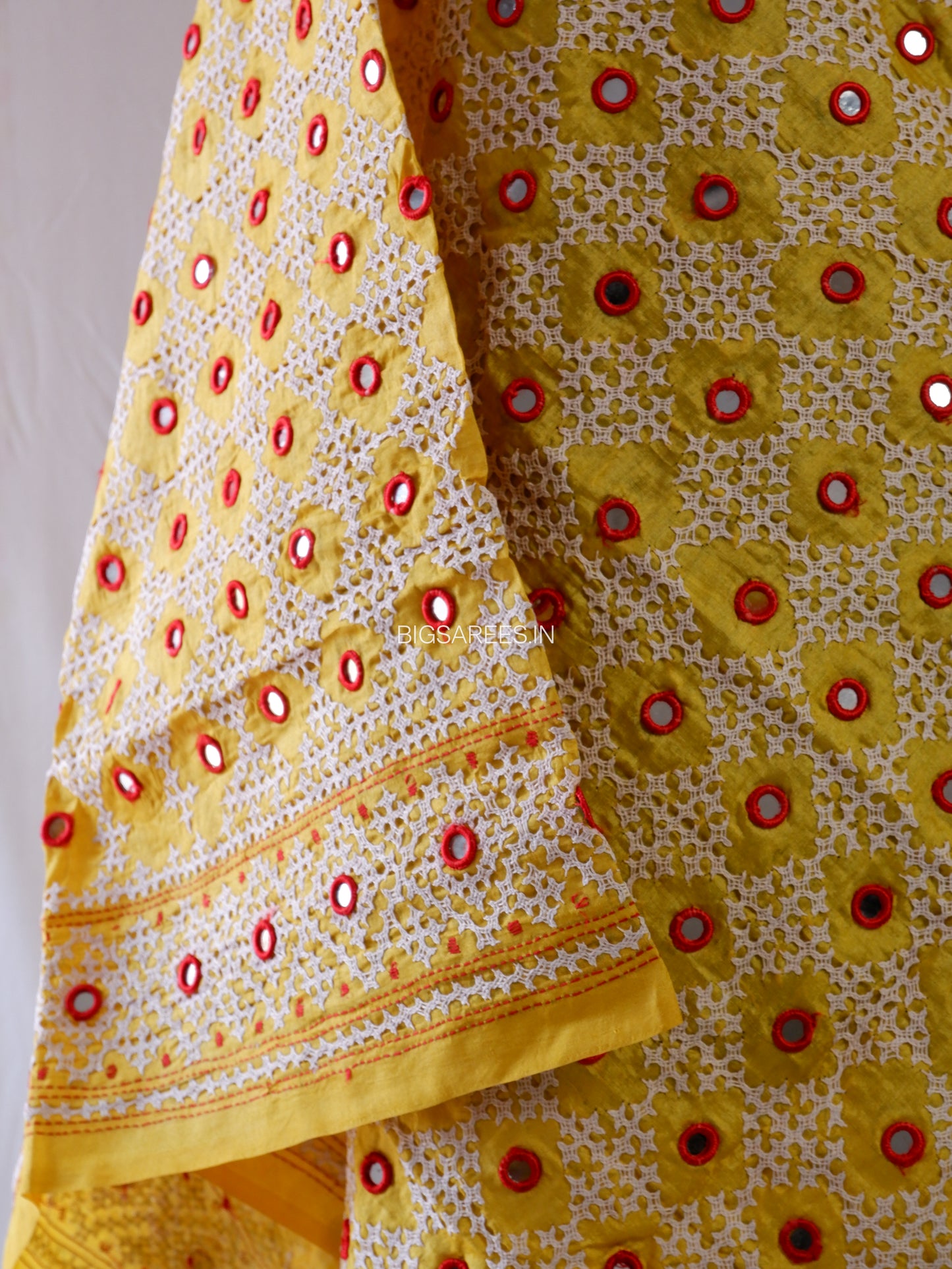 Kutchi Work Hand-Embroidered Dupatta | Pure Tussar Silk | Mirror Work | Yellow