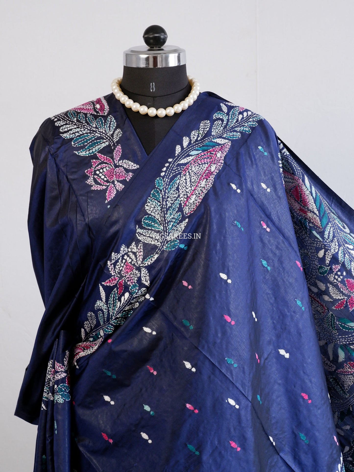 Kantha - Stitch Hand Embroidered Saree | Pure Bangalore Silk | Silk Mark Certified | Navy Blue