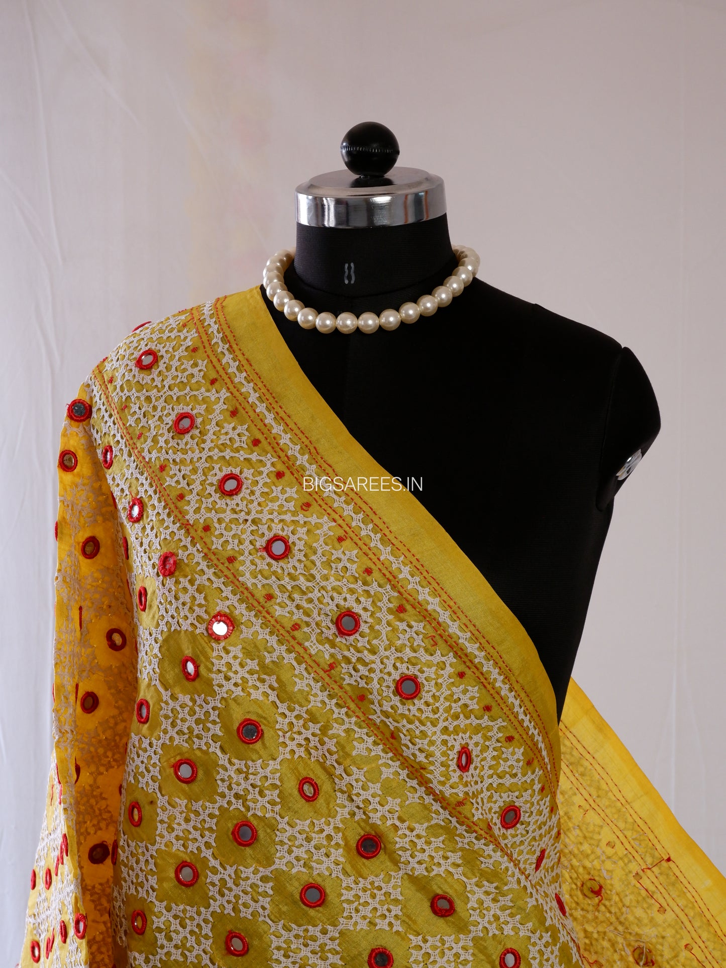 Kutchi Work Hand-Embroidered Dupatta | Pure Tussar Silk | Mirror Work | Yellow