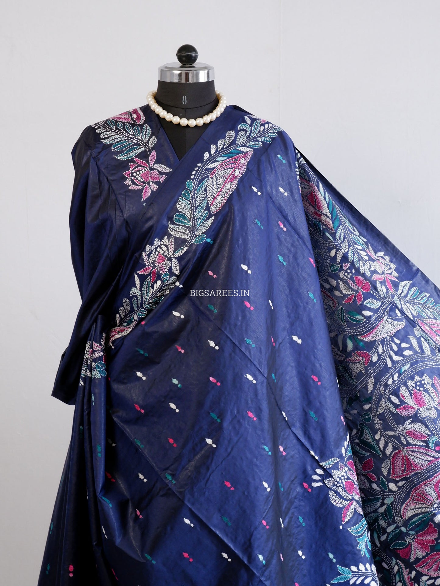 Kantha - Stitch Hand Embroidered Saree | Pure Bangalore Silk | Silk Mark Certified | Navy Blue