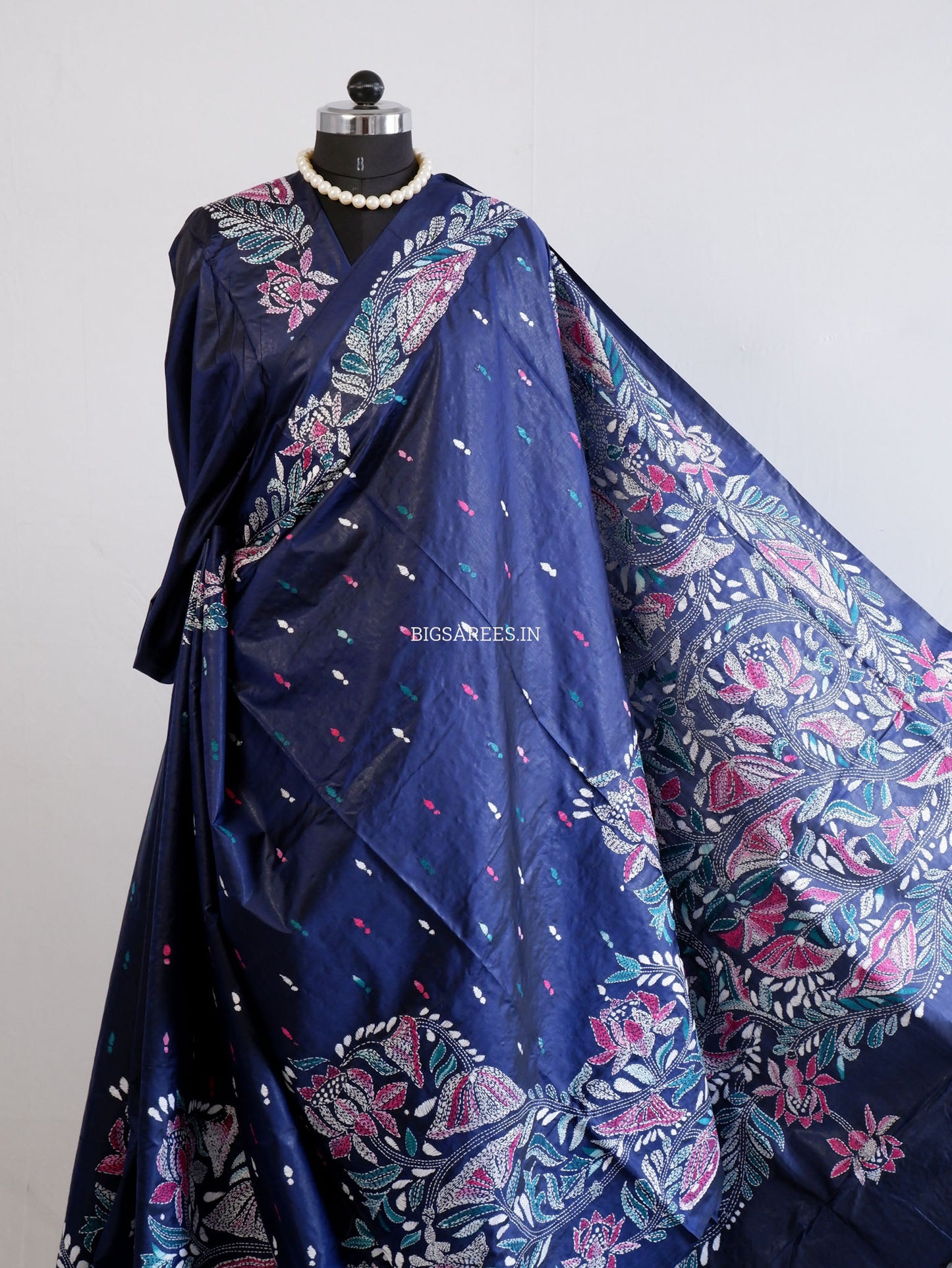 Kantha - Stitch Hand Embroidered Saree | Pure Bangalore Silk | Silk Mark Certified | Navy Blue