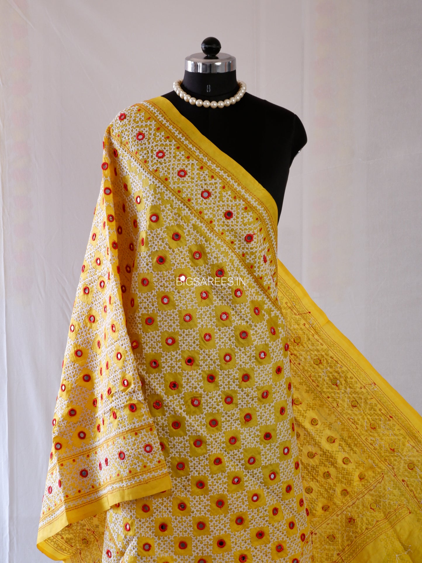 Kutchi Work Hand-Embroidered Dupatta | Pure Tussar Silk | Mirror Work | Yellow