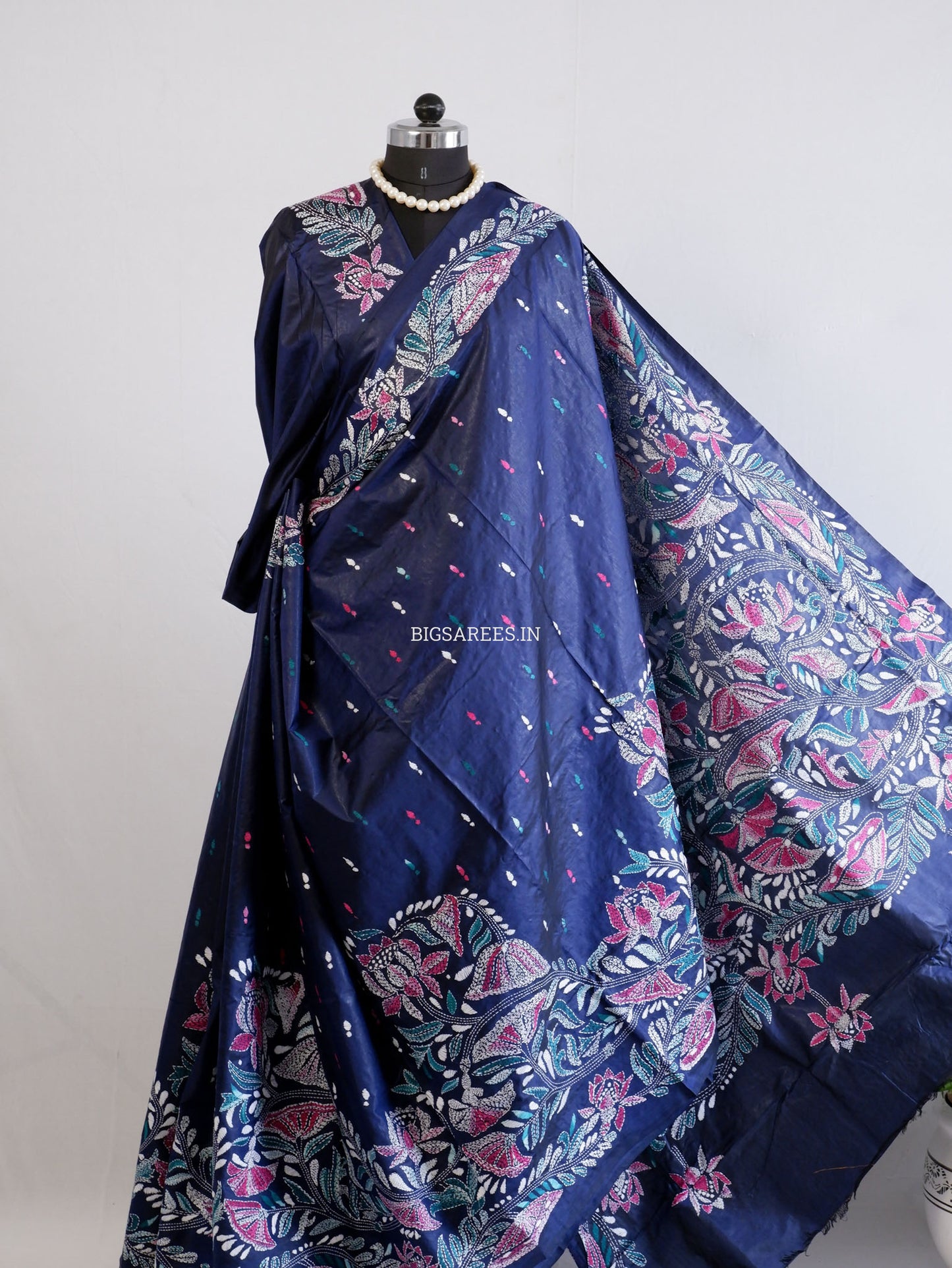 Kantha - Stitch Hand Embroidered Saree | Pure Bangalore Silk | Silk Mark Certified | Navy Blue