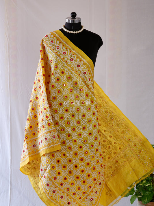 Kutchi Work Hand-Embroidered Dupatta | Pure Tussar Silk | Mirror Work | Yellow