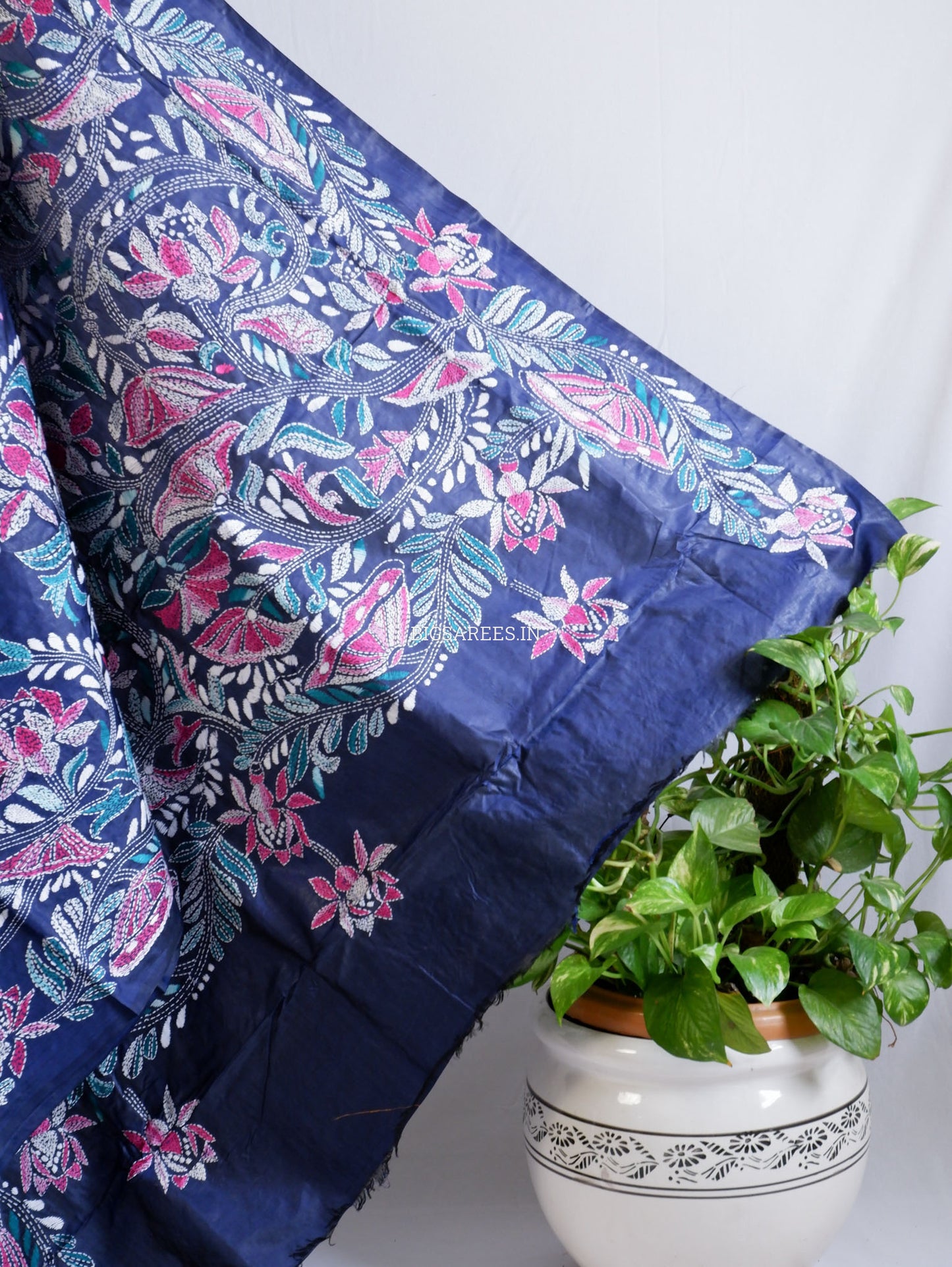 Kantha - Stitch Hand Embroidered Saree | Pure Bangalore Silk | Silk Mark Certified | Navy Blue